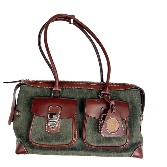 Dooney & Bourke Handbags - DOONEY & BOURKE Green logo fabric with Brown leather trims Satchel Bag